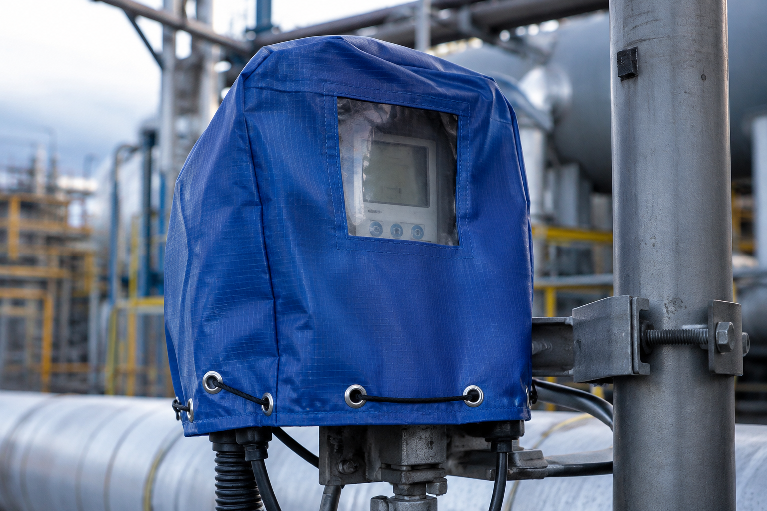 Proteção azul para instrumentação instalada em uma planta industrial